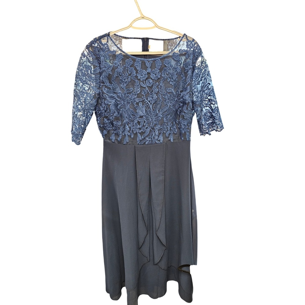 Navy Blue Floral Lace Mesh Cocktail Dress Short Sleeve Chiffon Skirt XL 5925